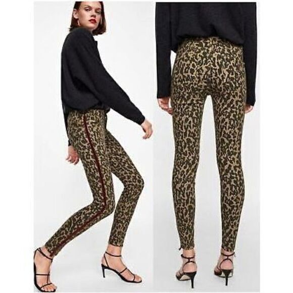 Zara Woman Premium Brown Leopard Print With Velvet Side Stripe Skinny Jeans Size - Picture 2 of 12